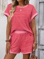 Striped Casual Round Neck Top and Shorts Set