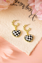 Black Checkered Heart Dangle Gold Plated Twisted Hoop Stud Earrings