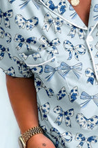 Bow Print Button Up Top and Shorts Pajama Set