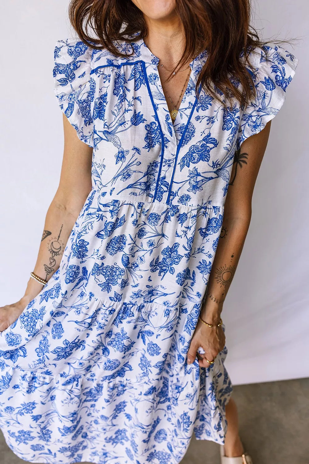 Ruffled Short Sleeve Tiered Floral Midi Dress