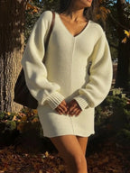 V-Neck Long Sleeve Knit Sweater Dress