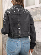 Pearl Embellished Cropped Denim Jacket