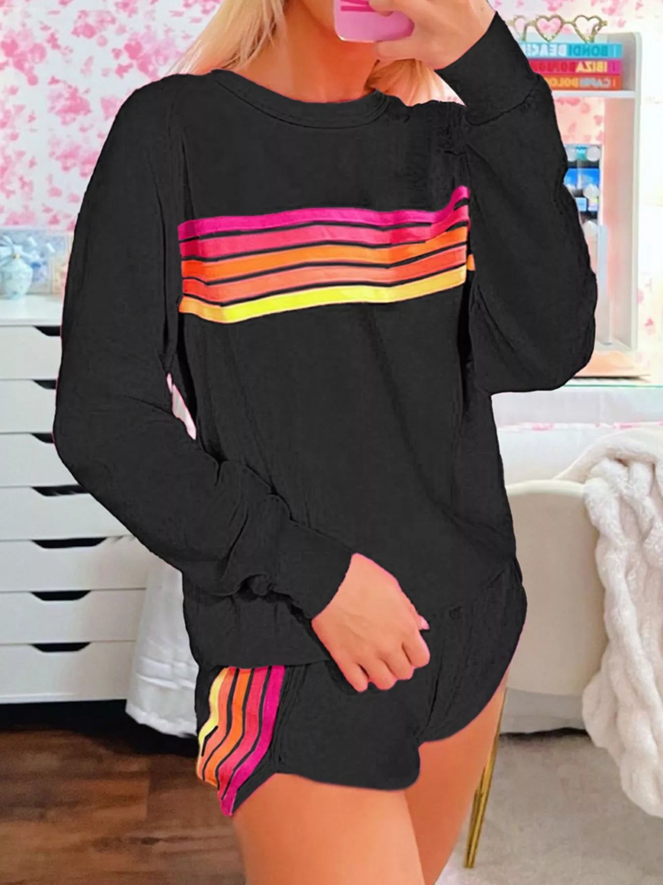 Striped Round Neck Sweatshirt and Shorts Set