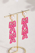 Rose Red MAMA Rhinestone Pearl Dangle Stud Earrings