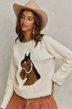 SO ME Horse Knit Sweater Top with Blanket Stitch
