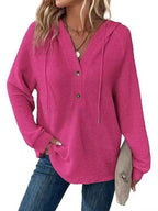 Full Size Button Detail Waffle Knit Hoodie Plus Size