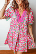 Floral Print V Neck Patchwork Short Bubble Sleeve Mini Dress