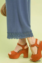 Umgee Linen Wide Leg Cropped Pants with Lace Trim