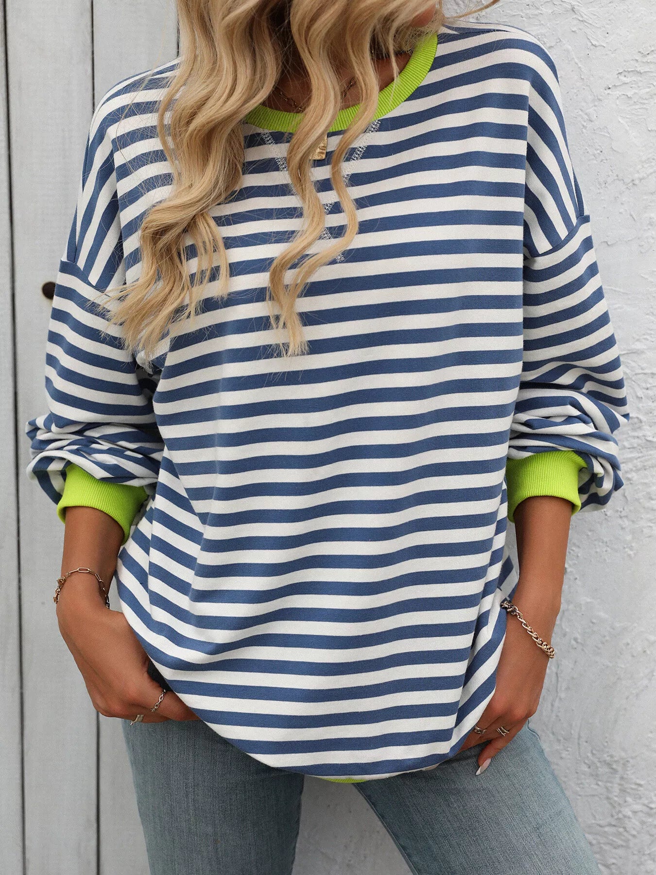 Striped Round Neck Dropped Shoulder Sweatshirt
