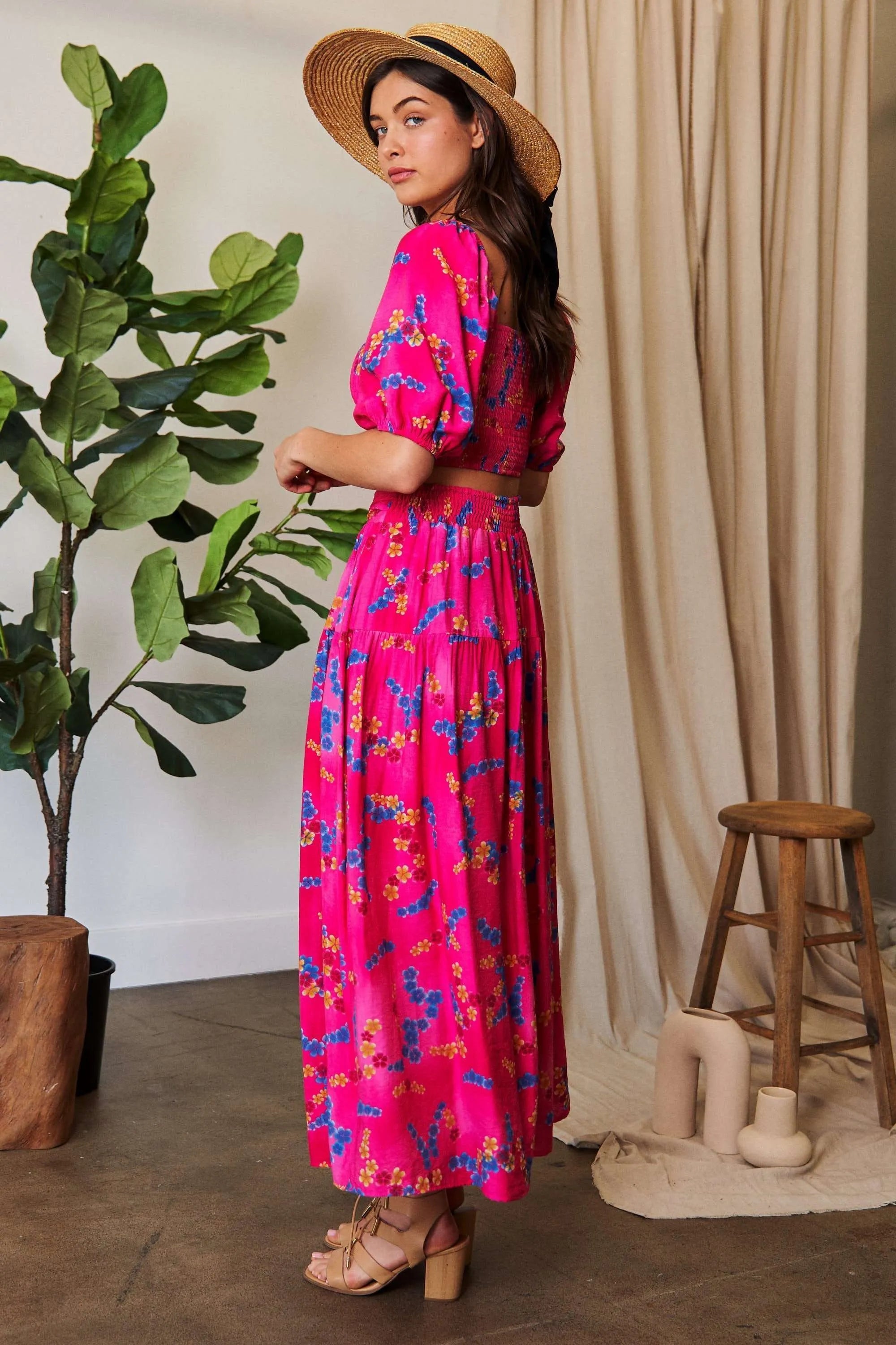 Davi & Dani Printed Smocking Waistband Ruffled Maxi Skirt