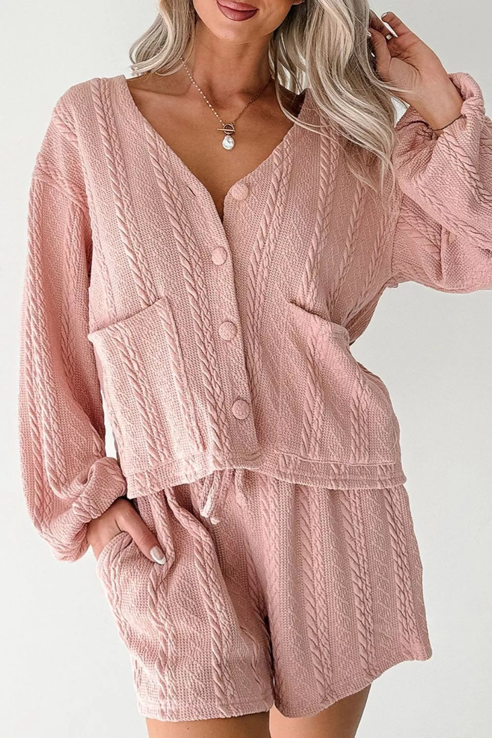 Cable Knit V Neck Cardigan and Shorts Set