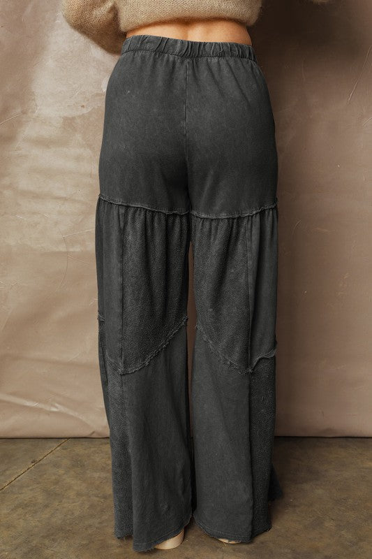 Mineral Wash Patchwork Tiered Wide Leg Pants