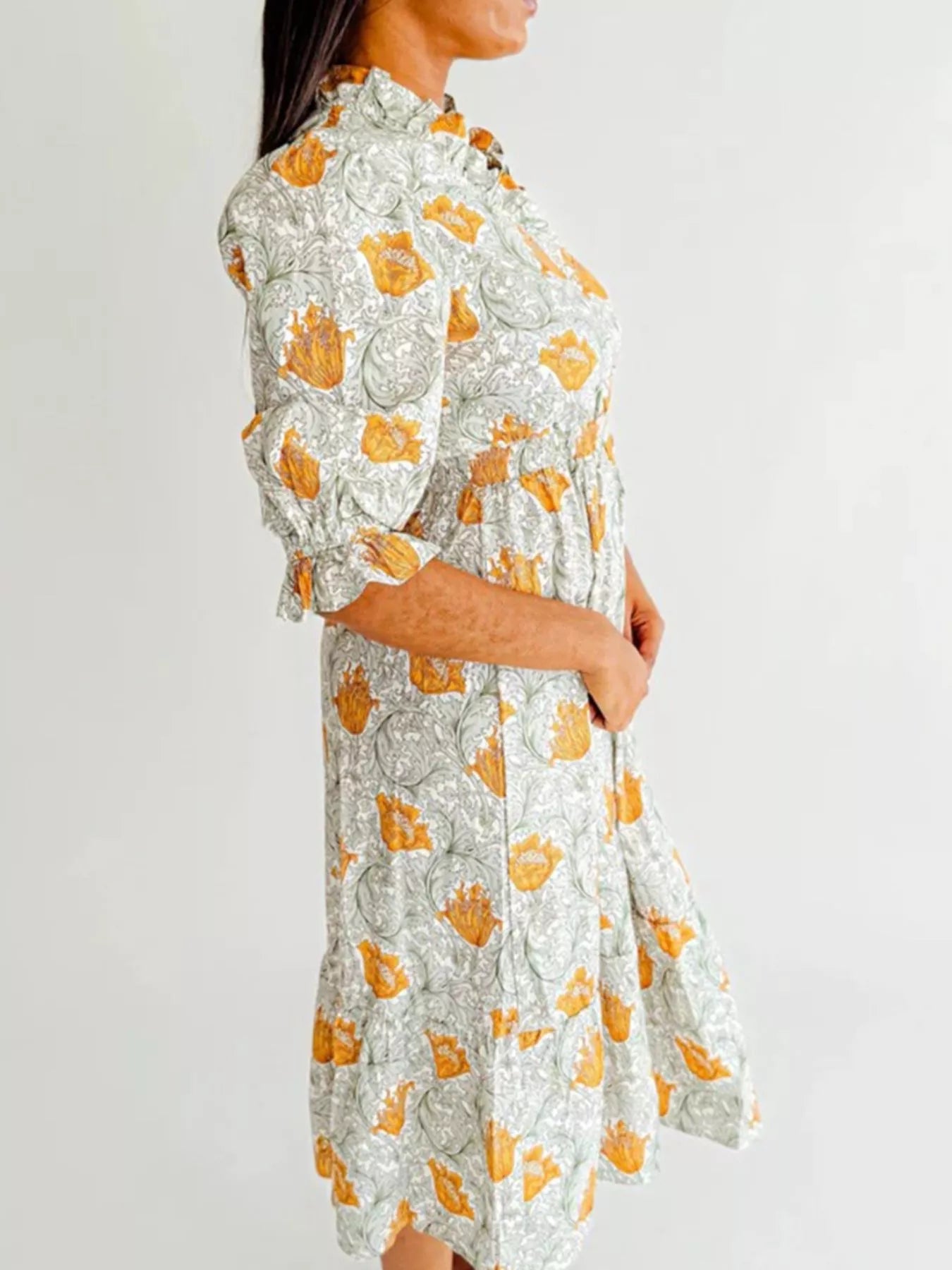 Floral Print Ruffle Trim Smocked Midi Dress