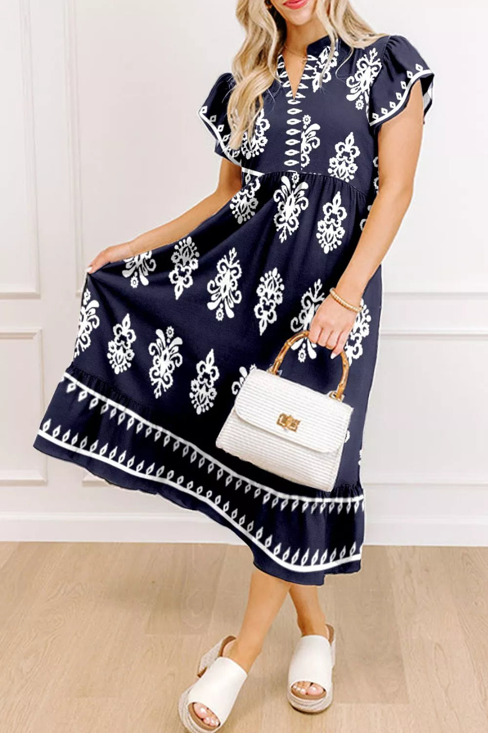 Printed Notched Short Sleeve Dress