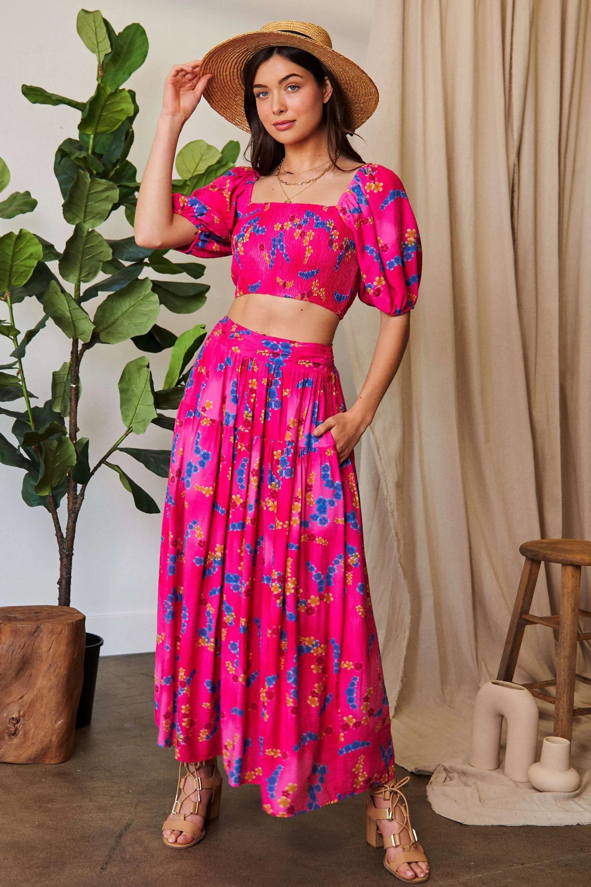 Davi & Dani Printed Smocking Waistband Ruffled Maxi Skirt
