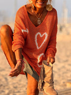 Heart V-Neck Dropped Shoulder Sweater