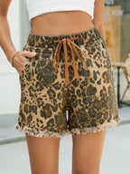 Raw Hem Drawstring Leopard Denim Shorts