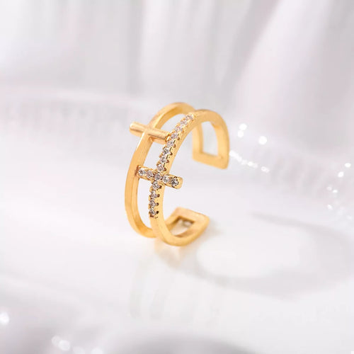 18K Gold-Plated Rhinestone Cross Open Ring