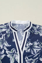 Floral Print Short Puff Sleeve Striped Trim V Neck Blouse