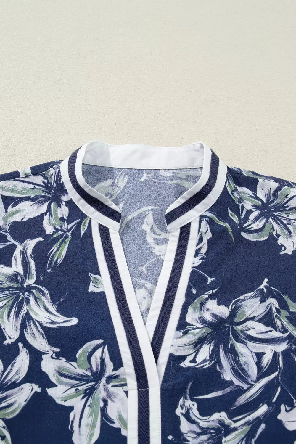 Floral Print Short Puff Sleeve Striped Trim V Neck Blouse