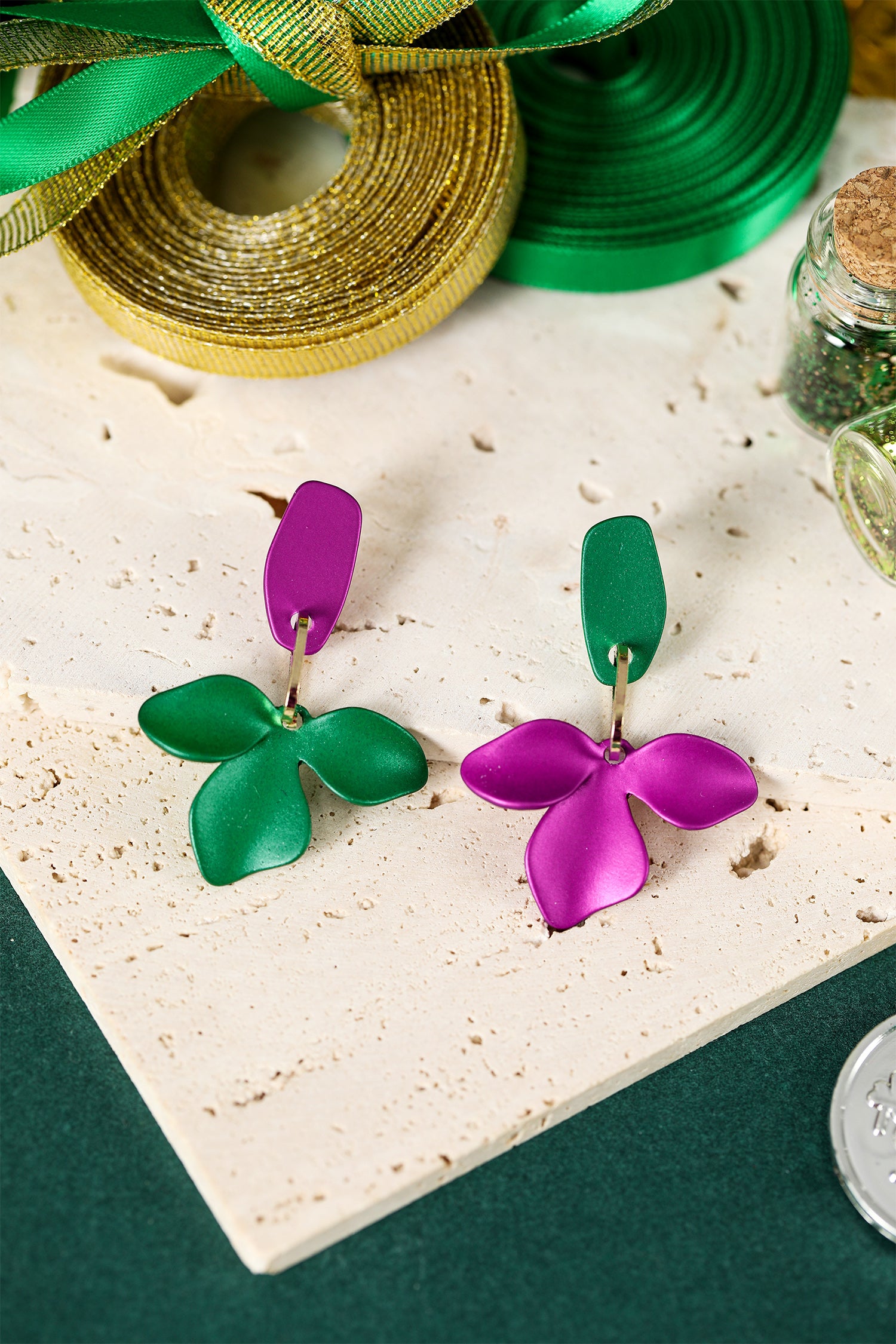 Green St Patrick Day Asymmetric Flower Studded Earrings