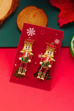 Gold Christmas Nutcracker Doll Alloy Gem Holiday Earrings