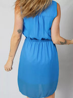 Half Buttons Collared Elastic Waist Sleeveless Shirt Dress
