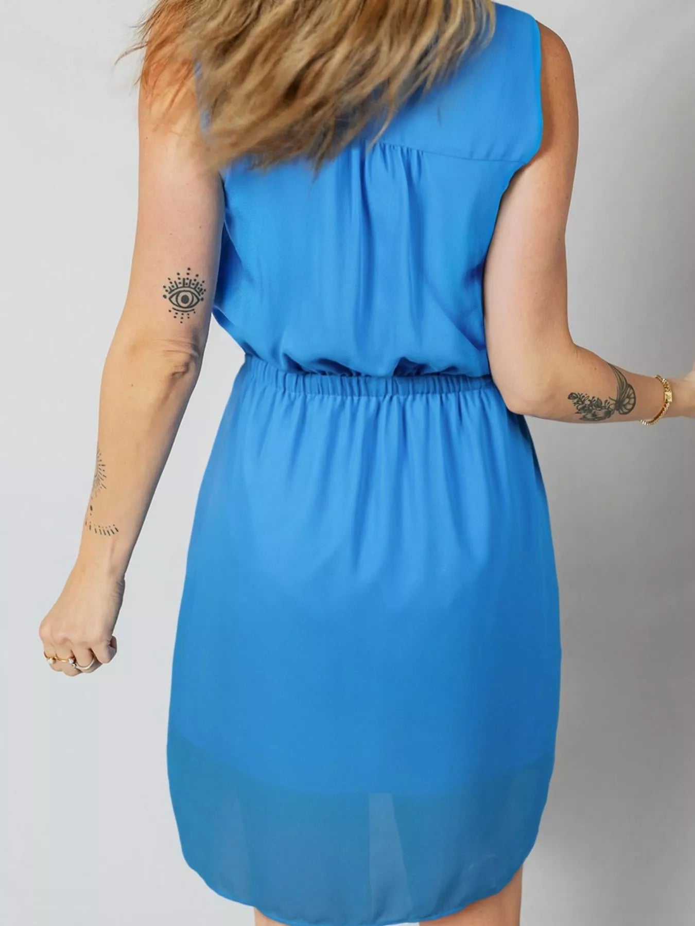 Half Buttons Collared Elastic Waist Sleeveless Shirt Dress