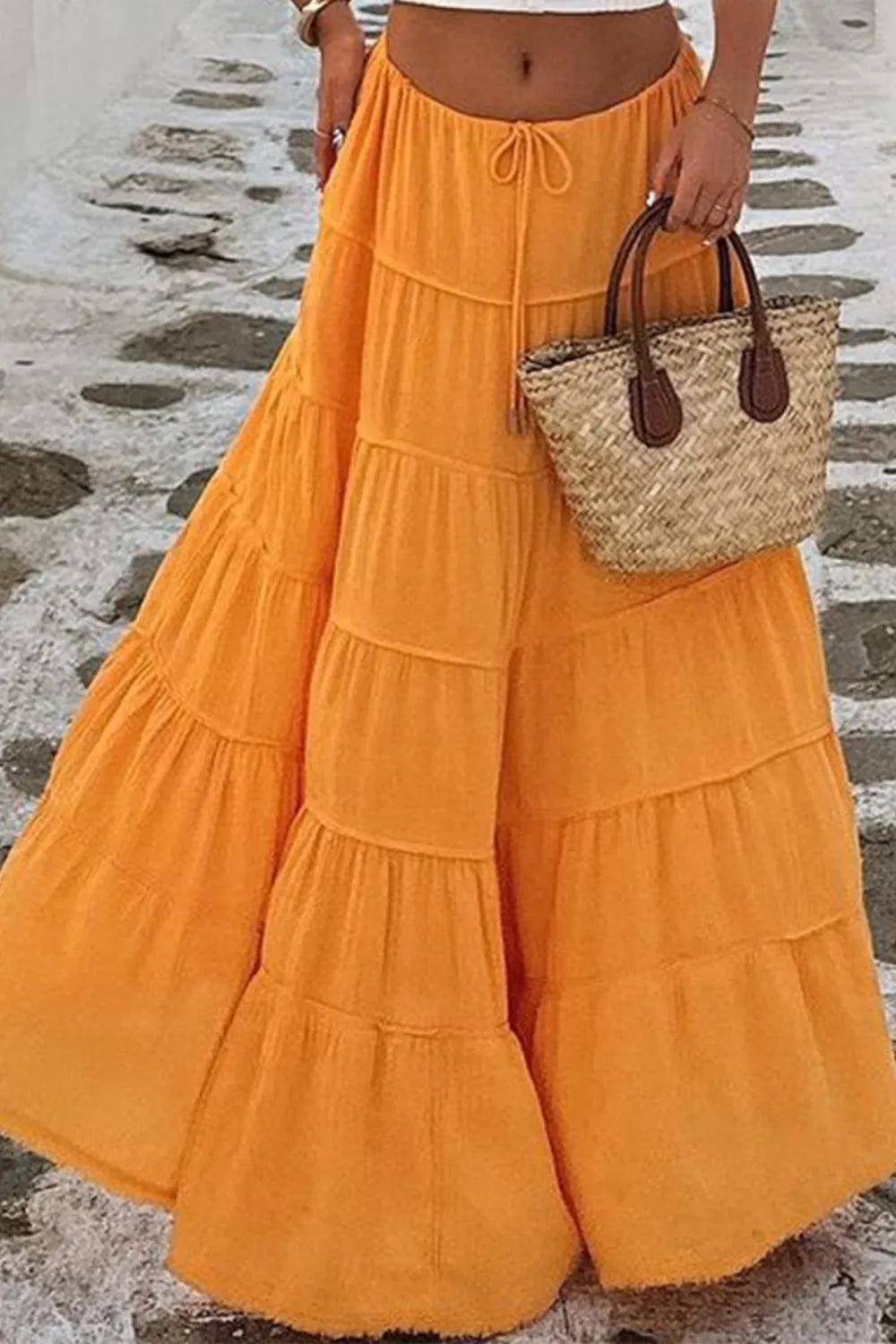 Bohemian Tiered Maxi Skirt with Drawstring Waist