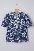 Floral Print Short Puff Sleeve Striped Trim V Neck Blouse