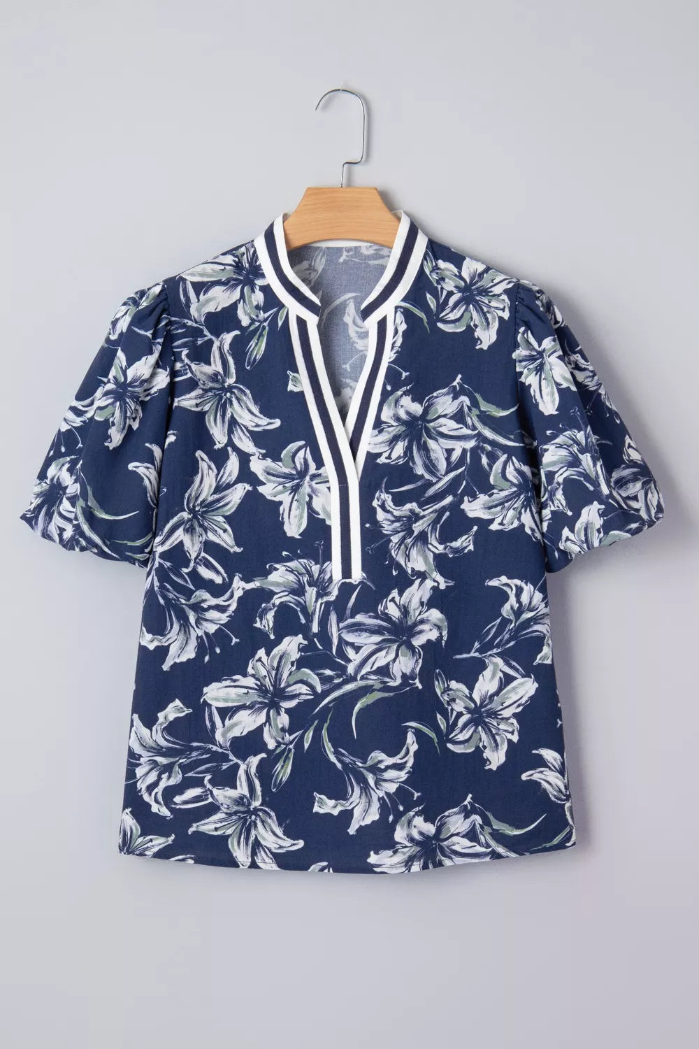 Floral Print Short Puff Sleeve Striped Trim V Neck Blouse