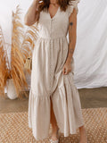 Stripe Flutter Sleeve Buttoned Front Slit Maxi Dress