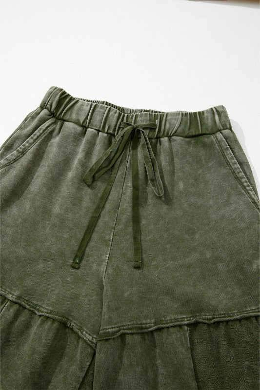 Mineral Wash Patchwork Tiered Wide Leg Pants