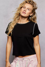 POL Contrast Stitching Round Neck Short Sleeve T-Shirt