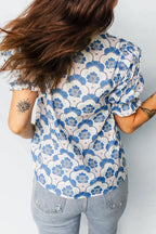 Floral Print Flounced Short Sleeve Contrast Trim V Neck Blouse