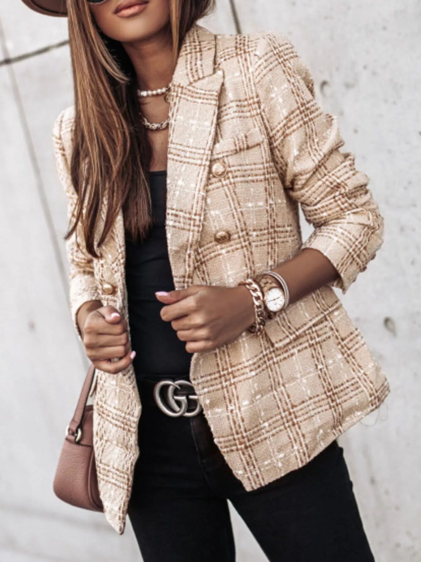 Full Size Plaid Tweed Double-Breasted Blazer Plus Size