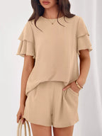 Ruffle Sleeve Top and Shorts Two-Piece Set