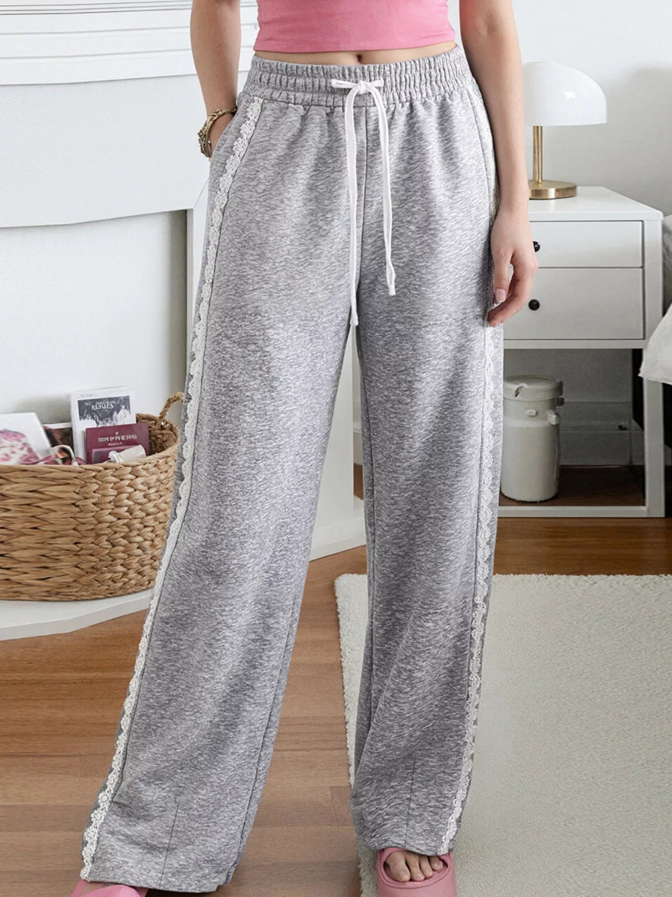 Lace Trim Wide Leg Pants