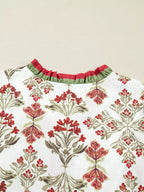 Floral Print Contrast Trim Frilled Neck Long Sleeve Flared Dress