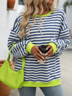 Striped Round Neck Dropped Shoulder Sweatshirt