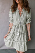 Stripe Tasseled Tie Neck Ruffled Short Sleeve Tiered Flattering Dress