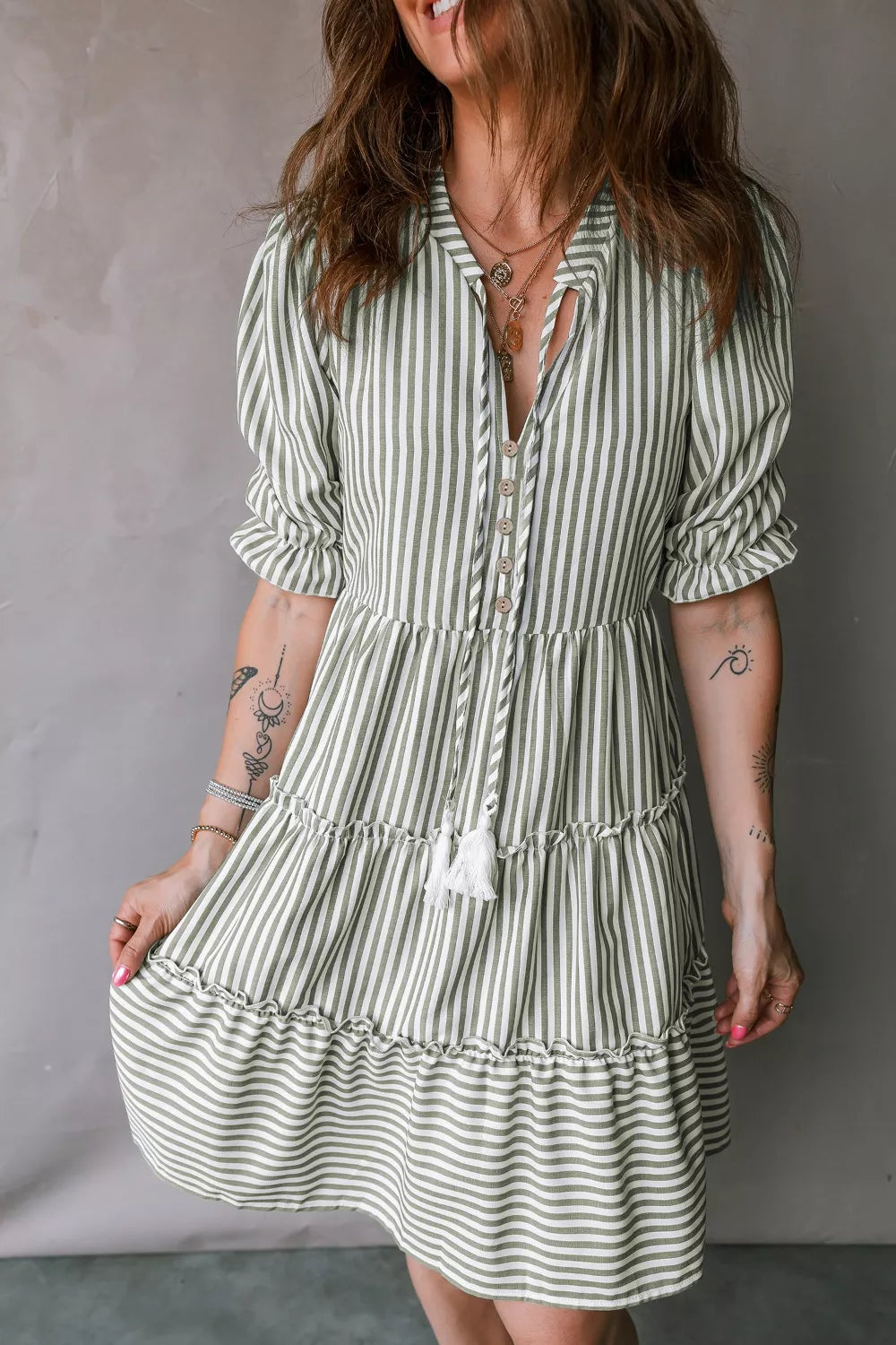 Stripe Tasseled Tie Neck Ruffled Short Sleeve Tiered Flattering Dress