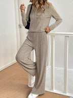 Plus Size Ribbed Knit Button-Front Top and Pants Set