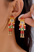 Gold Christmas Nutcracker Doll Alloy Gem Holiday Earrings