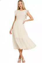 Zenana Woven Smocked Ruffle Sleeve Midi Dress