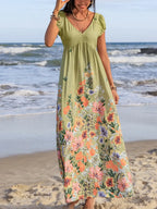 Backless Printed V-Neck Short Sleeve Maxi Dress