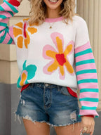 Floral Striped Crew Neck Sweater