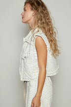 POL Assymetrical Front Closure Raw Hem Floral Denim Vest