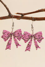 Bright Pink Stylish Leopard Printed Bow Stainless Hook Earrings