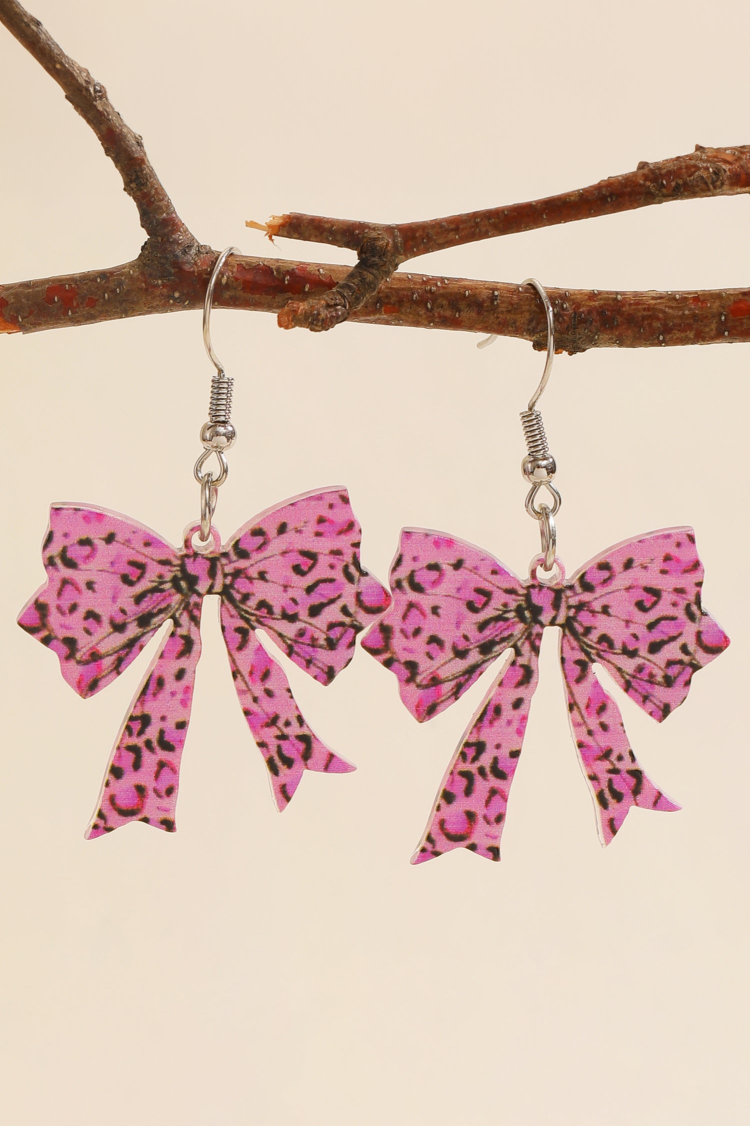 Bright Pink Stylish Leopard Printed Bow Stainless Hook Earrings